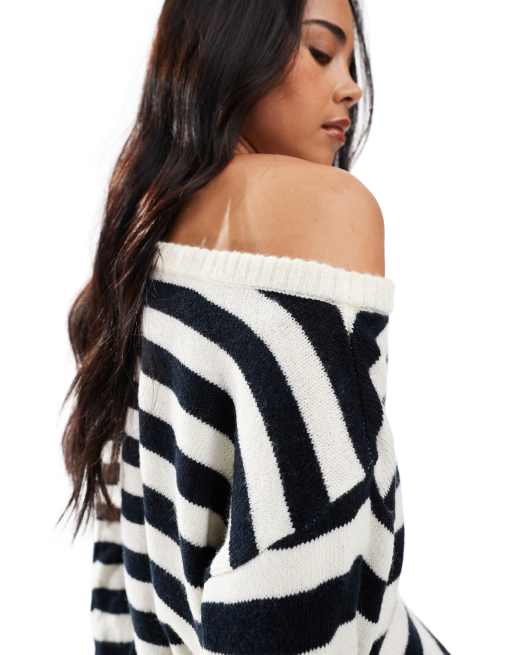 ASOS DESIGN – Sweter na jedno ramię ze wzorem w paski w kolorze czarnym i ecru, 3 z 4