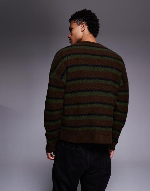ASOS DESIGN – Sweter o luźnym kroju w paski w kolorze brązowym i khaki, 3 z 5