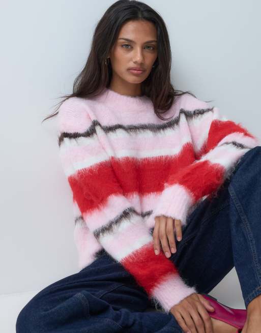 ASOS DESIGN – Różowy pudełkowy sweter z półokrągłym dekoltem i szalik w szczotkowane paski, 3 z 3