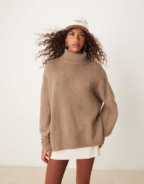 ASOS DESIGN roll neck longline jumper in mocha