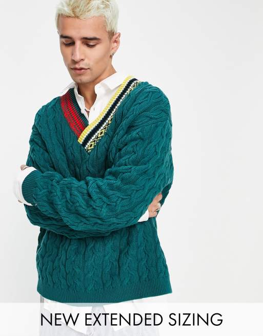 ASOS DESIGN – Sweter oversize o warkoczowym splocie z haftowanym wzorem wokół dekoltu