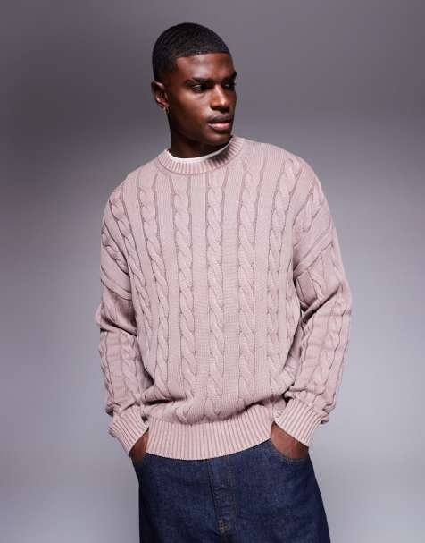 ASOS DESIGN oversized cable knitted jumper in washed pink