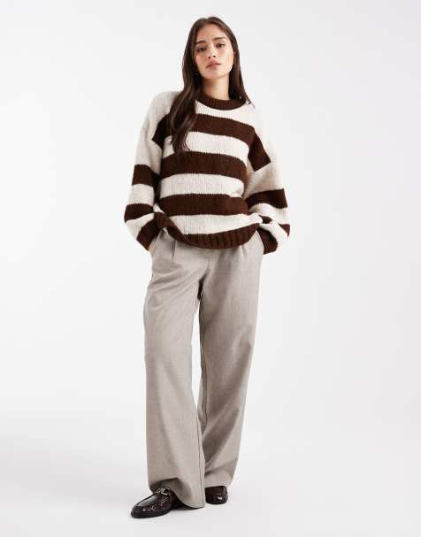 ASOS DESIGN – Sweter oversize z okrągłym dekoltem w kremowo-brązowe paski - view 1