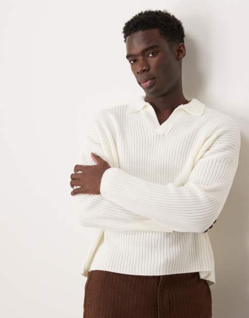 ASOS DESIGN – Sweter w kolorze ecru o fasonie super oversize, pudełkowym kroju z rozcięciem przy dekolcie z dzianiny z angielskim splotem