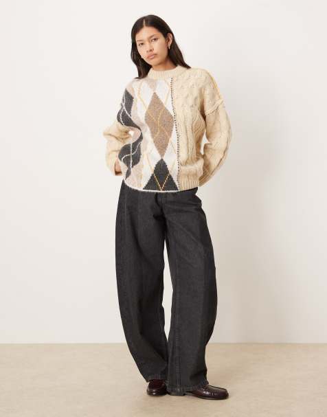 ASOS DESIGN – Sweter w kolorze mokki w mieszany wzór o warkoczowym splocie i we wzór w romby - view 1