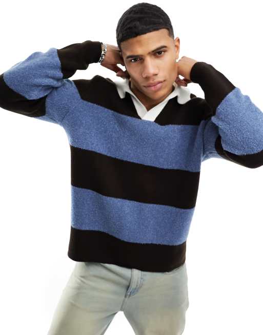 ASOS DESIGN – Sweter w stylu rugby o luźnym kroju z dzianiny boucle w niebieskie paski