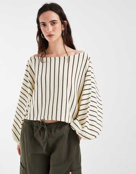 ASOS DESIGN sweter z dekoltem typu slash, rękawami batwing i mankietami w paski buttermilk - view 1