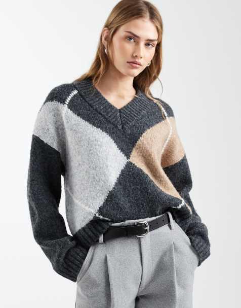ASOS DESIGN argyle high v neck jumper in mocha