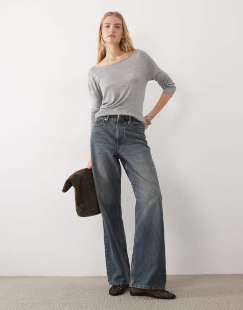 ASOS DESIGN sweter z delikatnej dzianiny z odkrytymi ramionami i zaznaczoną talią w szary melanż - view 1