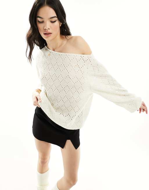 ASOS DESIGN – Sweter z dzianiny pointelle na jedno ramię w kolorze ecru