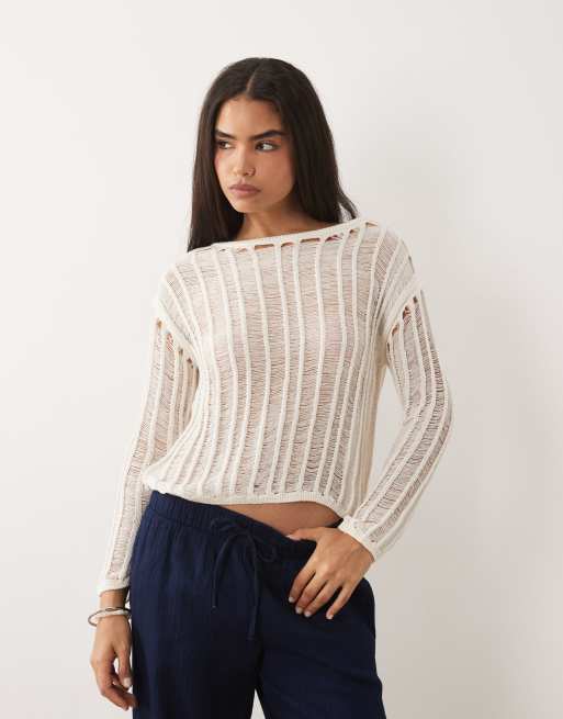 ASOS DESIGN – Sweter z dzianiny w kolorze écru o drabinkowym ściegu, 2 z 4