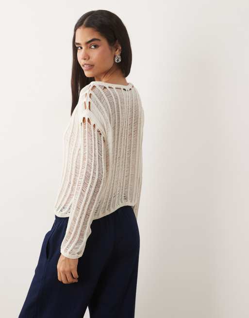 ASOS DESIGN – Sweter z dzianiny w kolorze écru o drabinkowym ściegu, 4 z 4