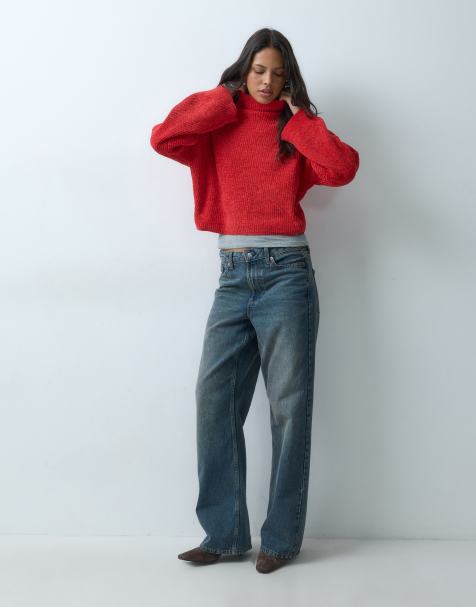 ASOS DESIGN sweter z golfem i rękawami nietoperzowymi z szenili w czerwonym kolorze - view 1