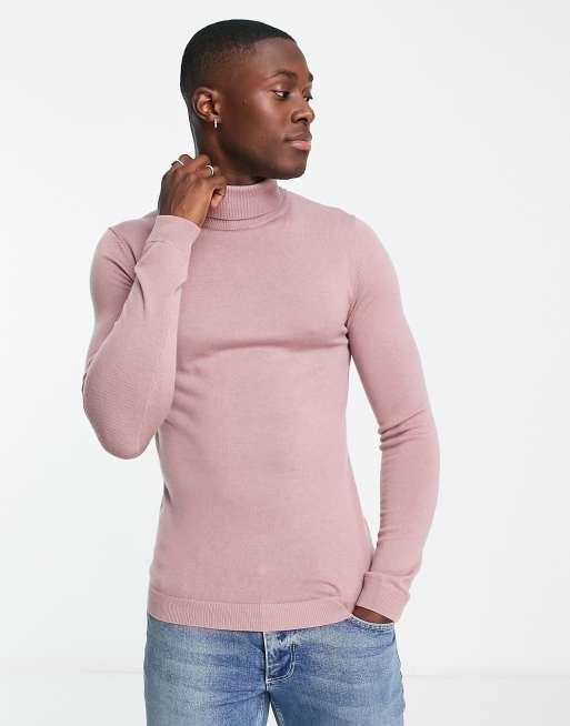 ASOS DESIGN – Sweter z golfem o kroju podkreślającym sylwetkę z wełny merino w zgaszonym różowym kolorze