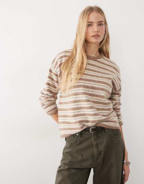 ASOS DESIGN sweter z miękkim wykończeniem w paski z okrągłym dekoltem w kolorze neutralnym - view 1