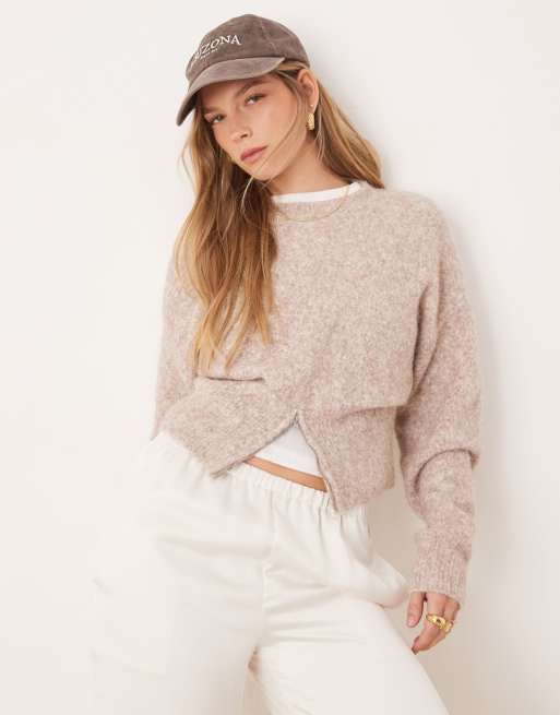 ASOS DESIGN – Sweter z okrągłym dekoltem i prążkowanym dołem z zamkiem w kolorze taupe