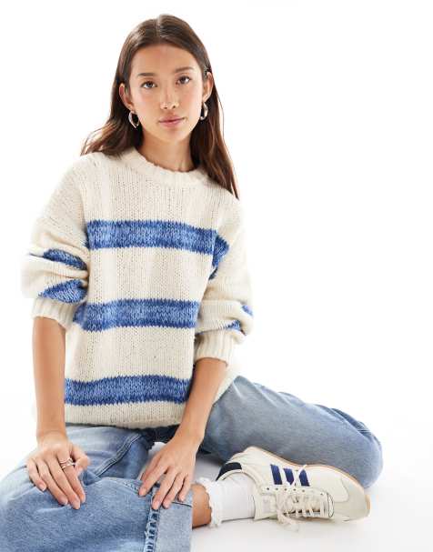 ASOS DESIGN bold striped crew neck jumper in blue and white