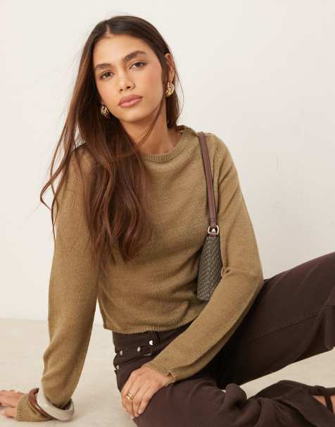 ASOS DESIGN – Sweter z okrągłym dekoltem z dzianiny o luźnym splocie w kolorze mokki - view 1