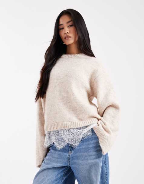 ASOS DESIGN – Sweter z puszystej dzianiny w kolorze écru z szerokimi rękawami i koronką u dołu - view 1