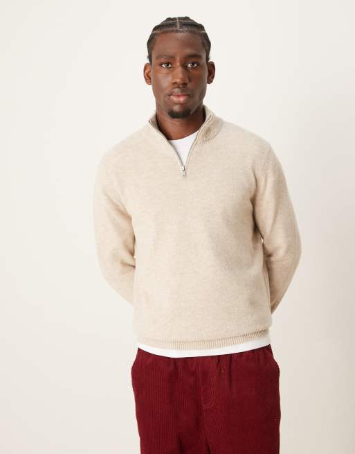ASOS DESIGN – Sweter z wełny jagnięcej w owsianym kolorze z zapięciem na suwak pod szyją