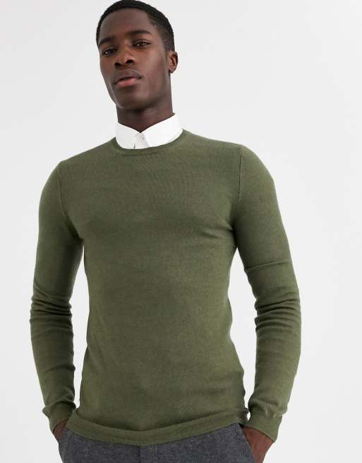 ASOS DESIGN – Sweter z wełny merino o kroju podkreślającym sylwetkę w kolorze khaki