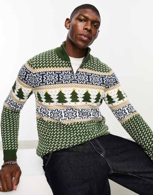 ASOS DESIGN – Świąteczny sweter z zielonym wzorem skandynawskim i zamkiem pod szyją