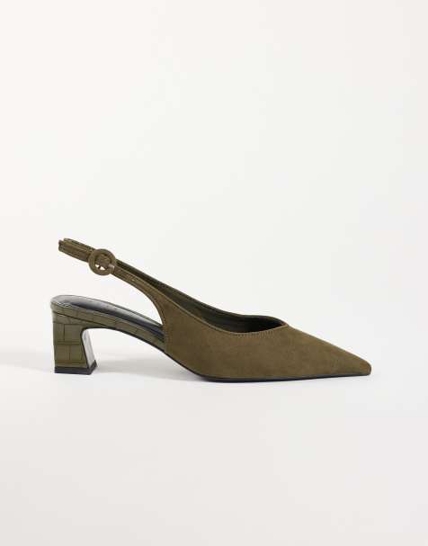 ASOS DESIGN Swift zapatos slingback de tacón ancho en antelina sintética verde oliva - view 1