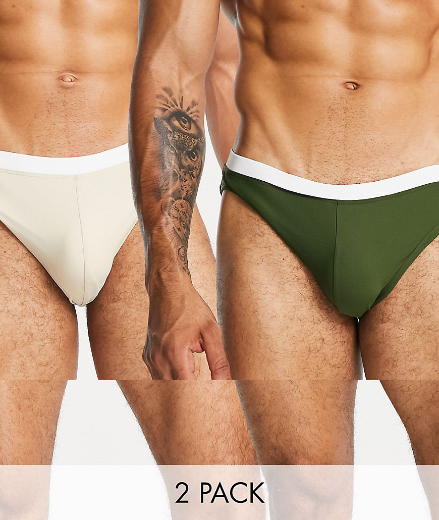 Asos Design Swim Brief Multipack In Dark Green And Beige With Contrast White Tipping Save