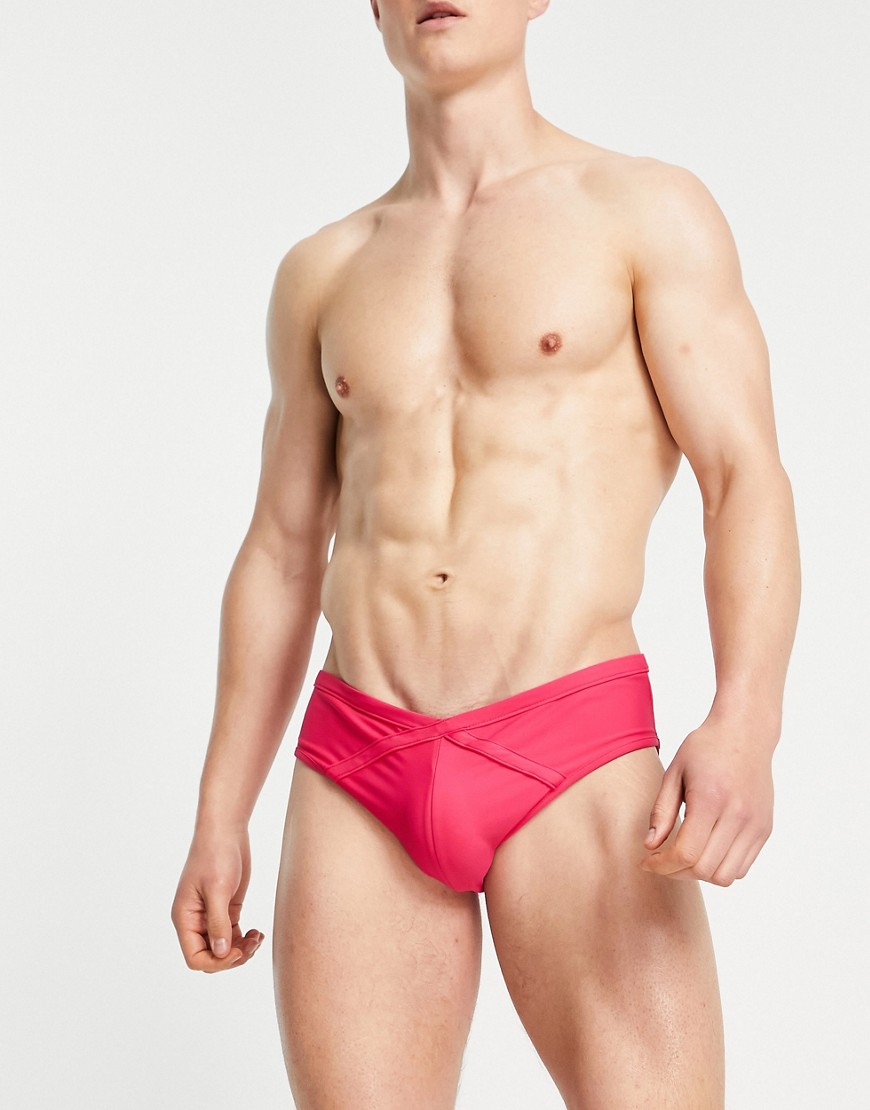 ASOS DESIGN swim brief with cross front detail in bright pink