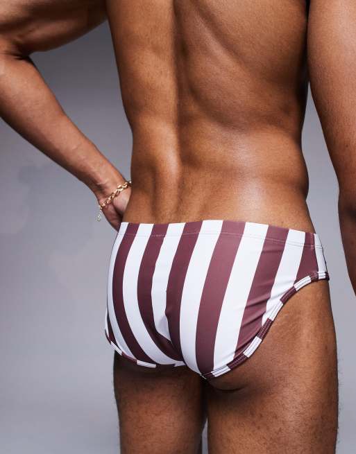 ASOS DESIGN swim briefs in burgundy and white stripe, 4 of 4