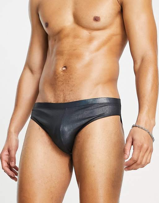 ASOS DESIGN swim briefs in charcoal metallic