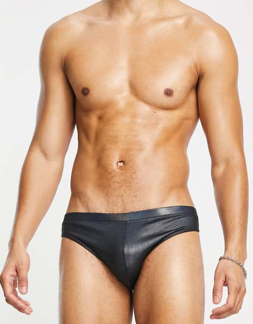 ASOS DESIGN swim briefs in charoal metallic