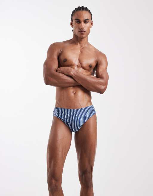 ASOS DESIGN swim briefs in navy and white stripe, 2 of 5