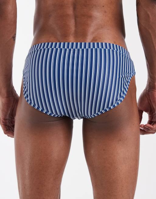 ASOS DESIGN swim briefs in navy and white stripe, 5 of 5