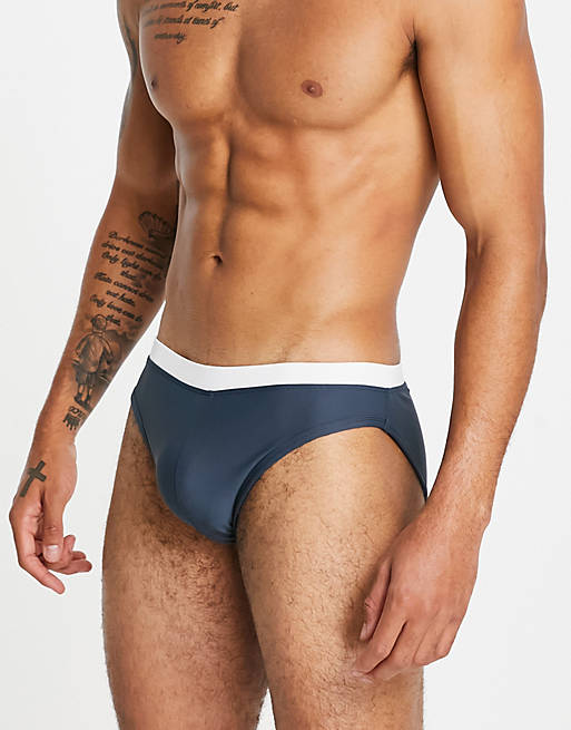 ASOS DESIGN swim briefs in navy with contrast white tipping