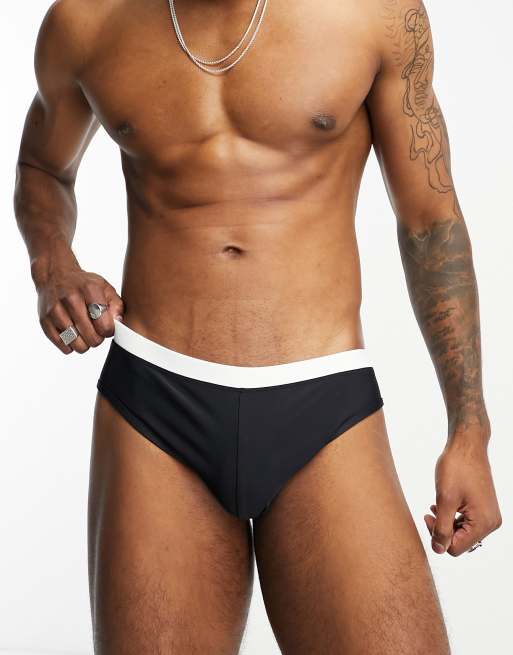 ASOS DESIGN swim briefs with contrast waistband in black ASOS