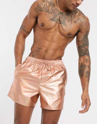 ASOS DESIGN swim short in metallic rose gold short length-Pink