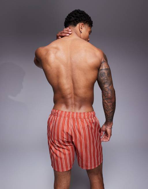 ASOS DESIGN swim short in mid length in orange stripe, 3 of 4