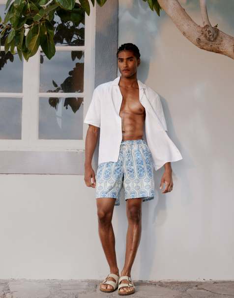 ASOS DESIGN swim short in mid length with ornate floral in blue - view 1