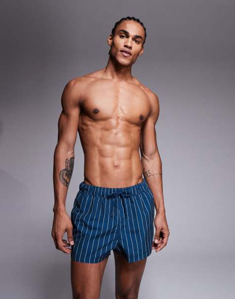 ASOS DESIGN swim short in super short length in navy and white pin stripe - view 1