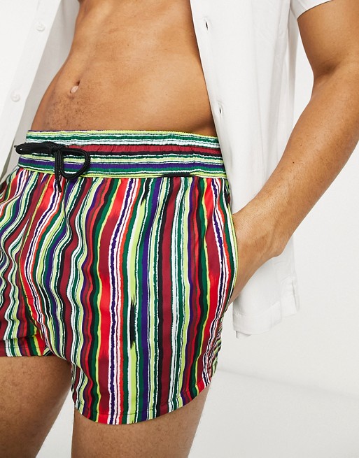 ASOS DESIGN swim shorts in aztec multi coloured stripe super short length