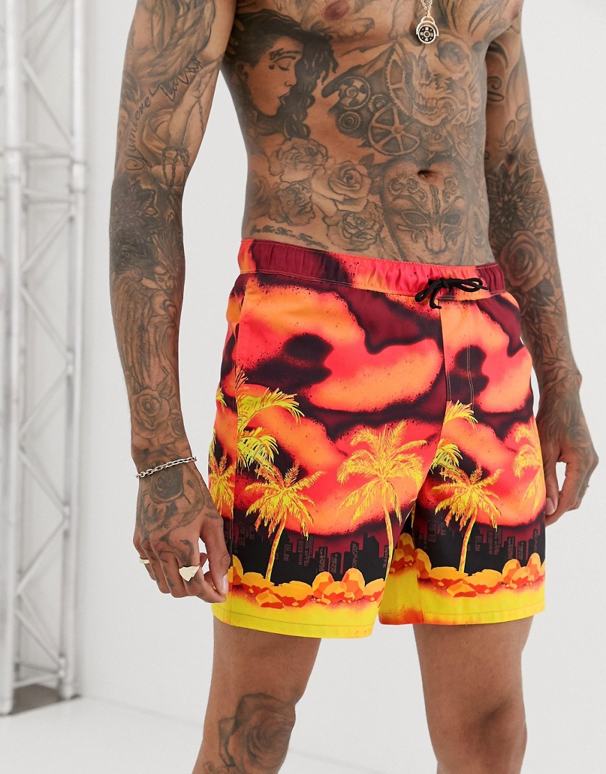 ASOS DESIGN swim shorts in beach scene design mid length-Orange