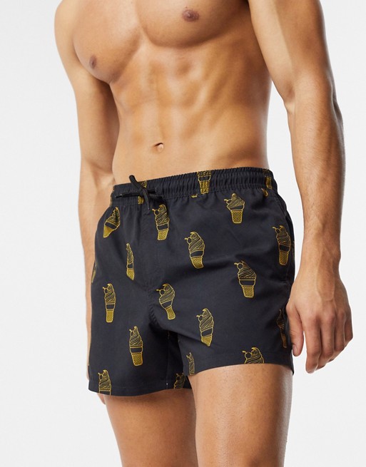 ASOS DESIGN swim shorts in black with ice cream cone print in short length