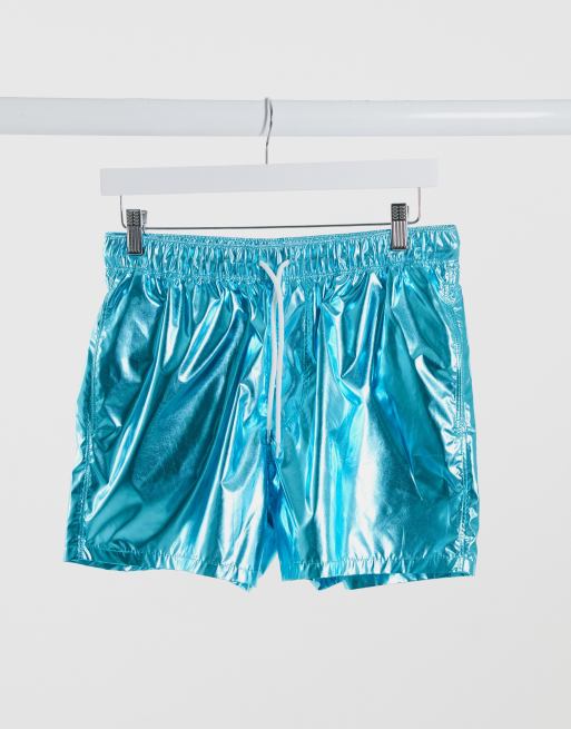 ASOS DESIGN swim shorts in blue metallic short length | ASOS