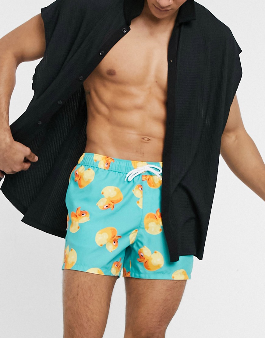 Asos Design Swim Shorts In Bright Green With Novelty Duck Print Short Length