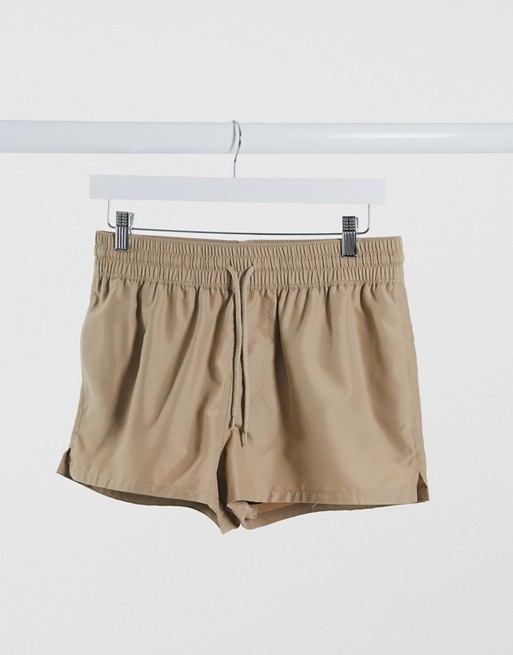 ASOS DESIGN swim shorts in brown super short length