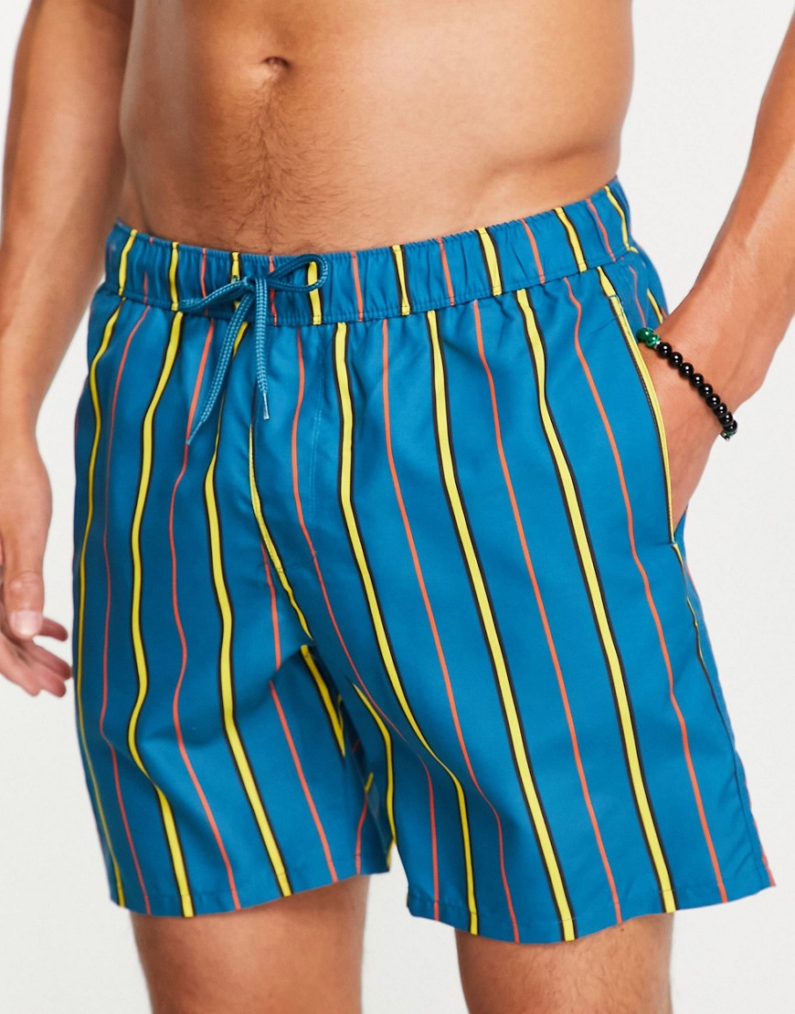 ASOS DESIGN swim shorts in collegiate stripe mid length-Green