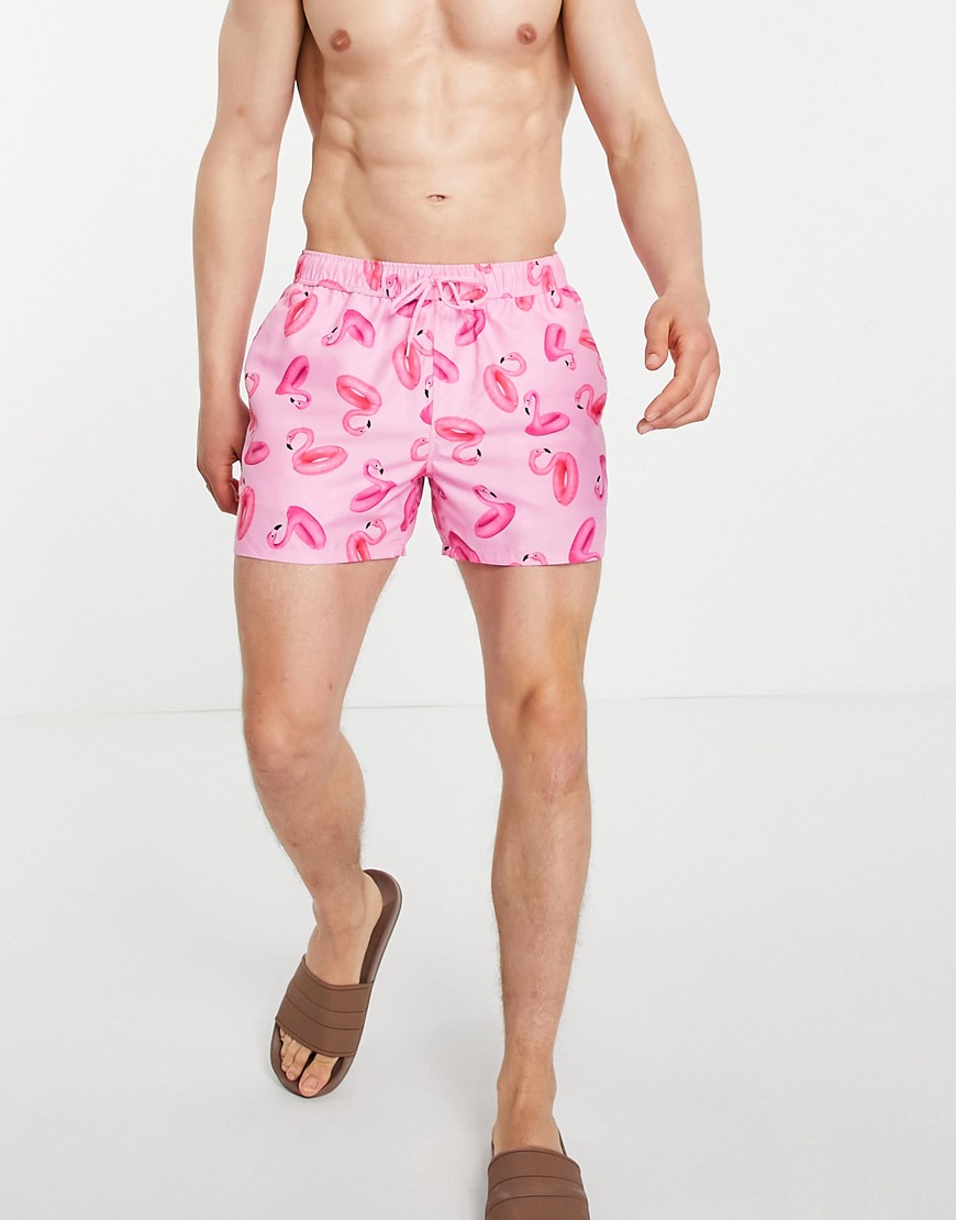 ASOS DESIGN swim shorts in flamingo print short length-Pink