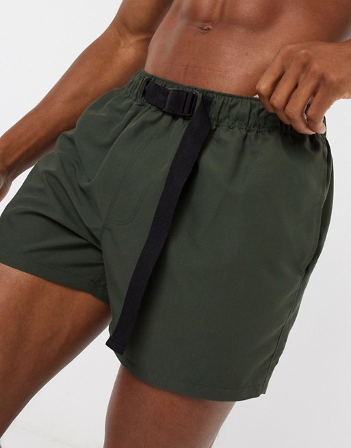ASOS DESIGN swim shorts in khaki green with buckle fastening | ASOS
