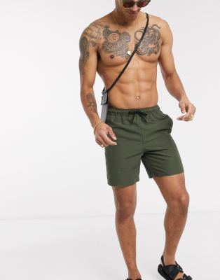 ASOS DESIGN swim shorts in khaki mid length | ASOS